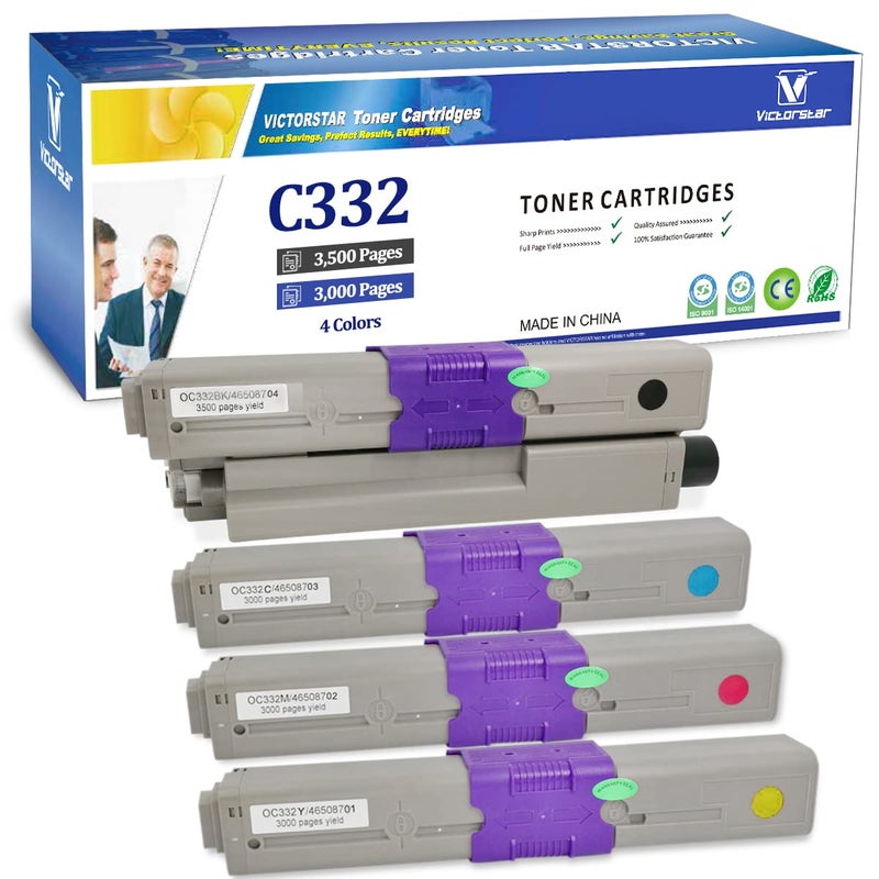 VICTORSTAR Compatible Toner Cartridges C332 MC363 C332dn MC363dn C332dnw MC332dnw 4 Colors 3500 Pages for Black 3000 Pages for C M Y for OKI Okidata Color Laser Printers - Image 1